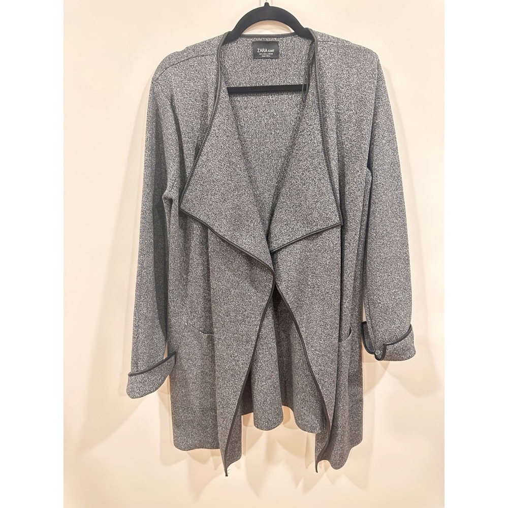 Zara Knit Grey Waterfall Open Front Cardigan Faux Leather Trim Large 6254/131